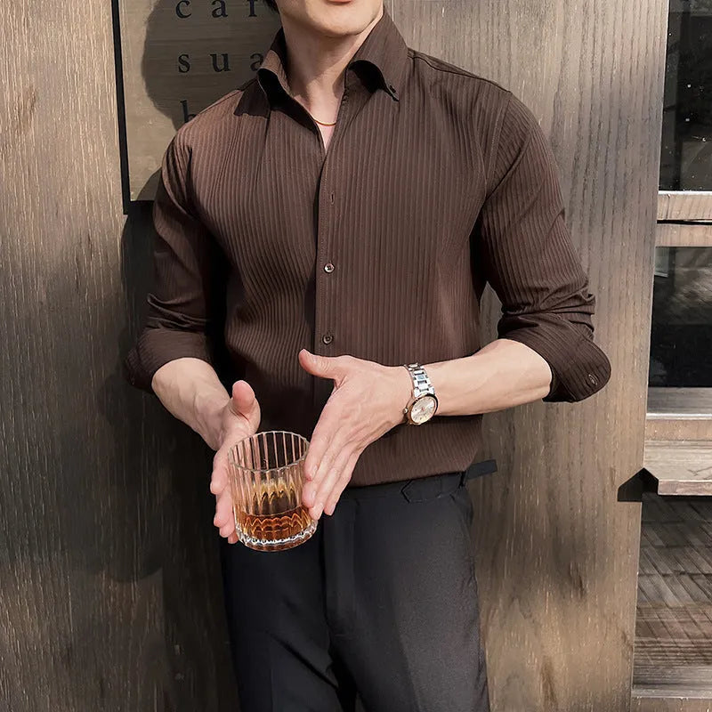 Men's dark striped V-neck long sleeve casual shirt shown in a choice of colours.