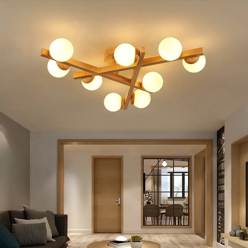 Nordic style wooden ceiling lamp with three light heads emitting neutral colour illumination