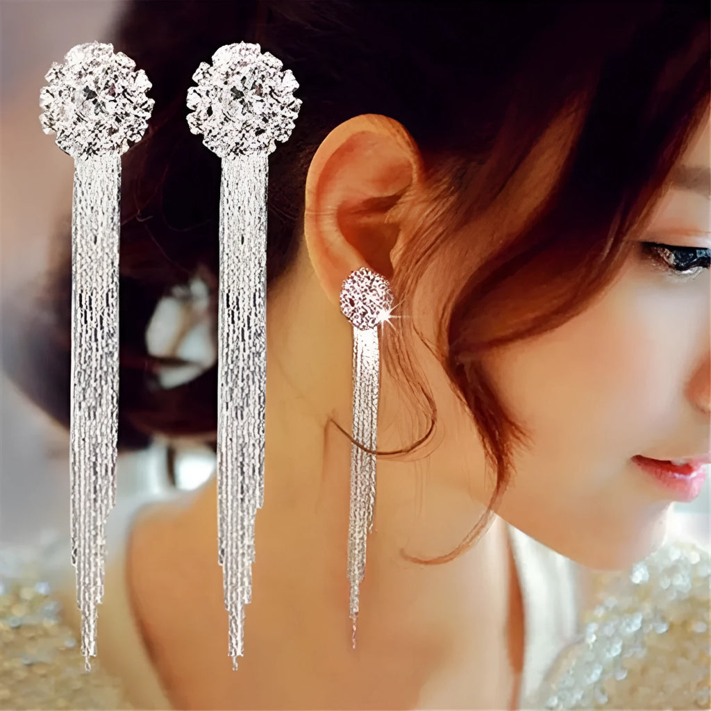 Silver crystal tassel drop earrings for women, metal plated Korean style jewellery