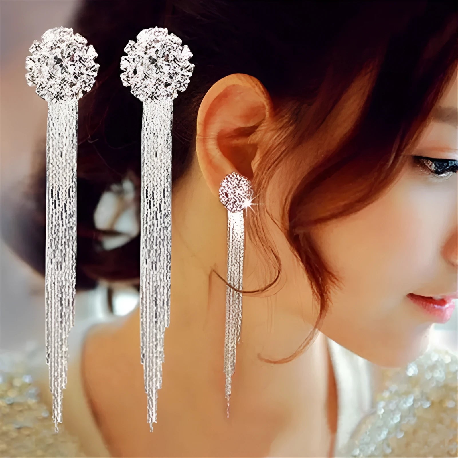 Silver crystal tassel drop earrings for women, metal plated Korean style jewellery