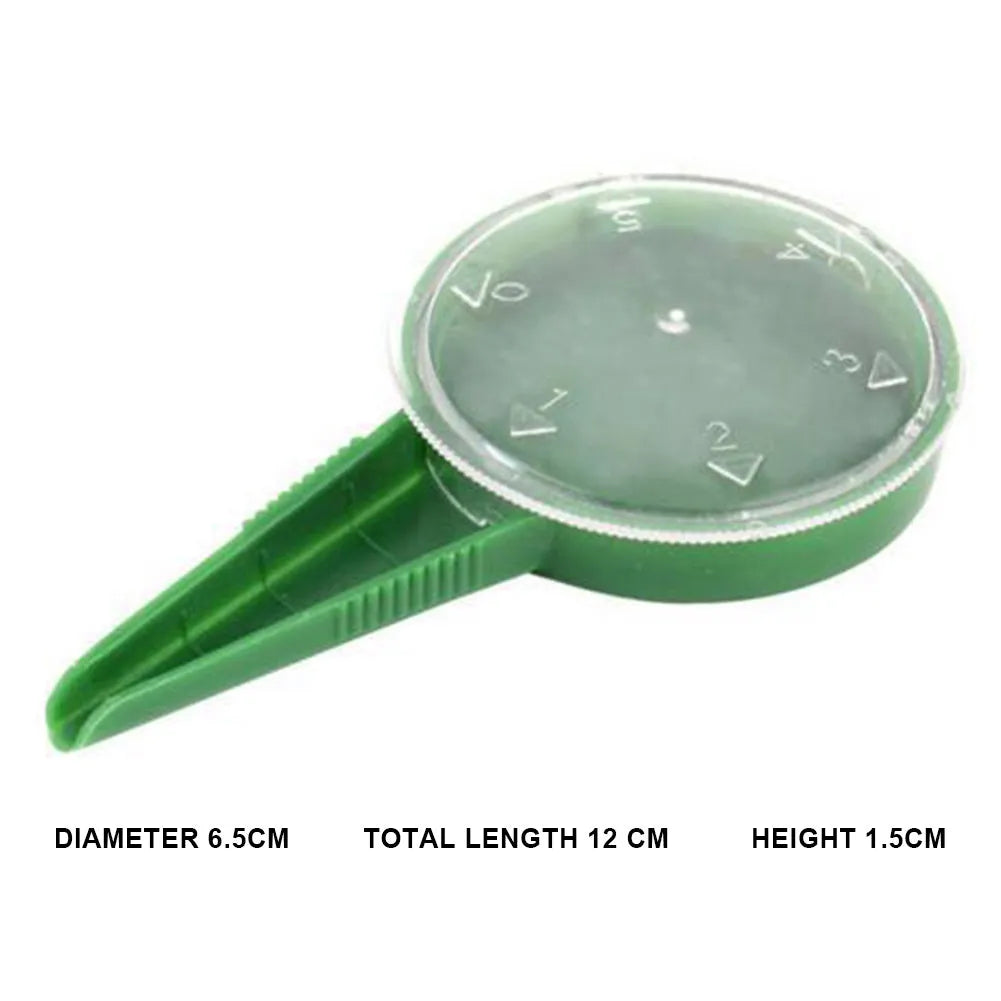 5-speed adjustable plastic seed sower in green with transparent body, 12cm length, for gardening planting