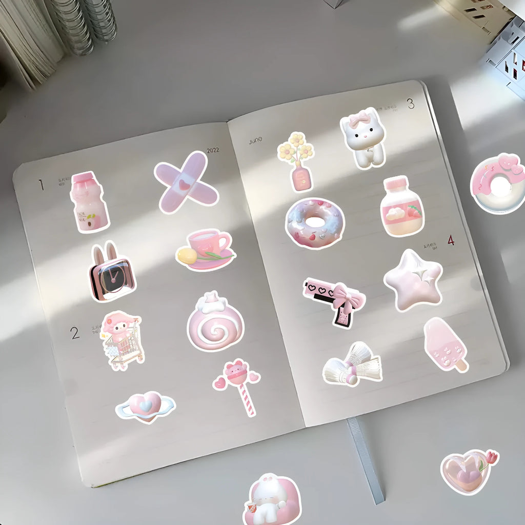 63 piece decorative sticker pack showing pink heart patterns with realistic 3D printing effects