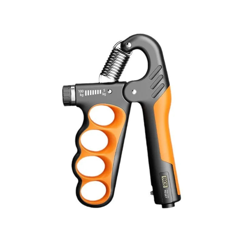 Orange electronic counter spring grip trainer held in a hand.