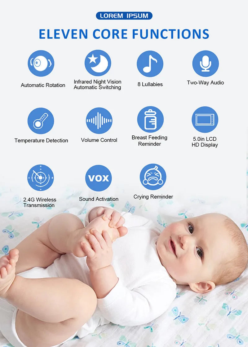 White HD wireless baby monitor with 5-inch LCD screen and camera
