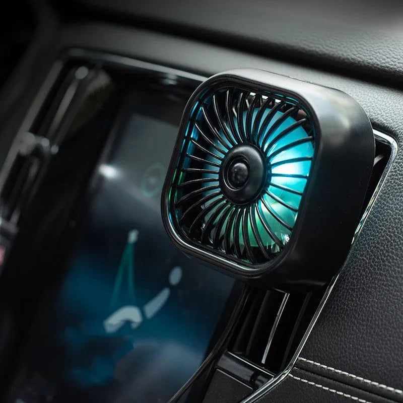USB car fan in black with three speed settings for air outlet installation