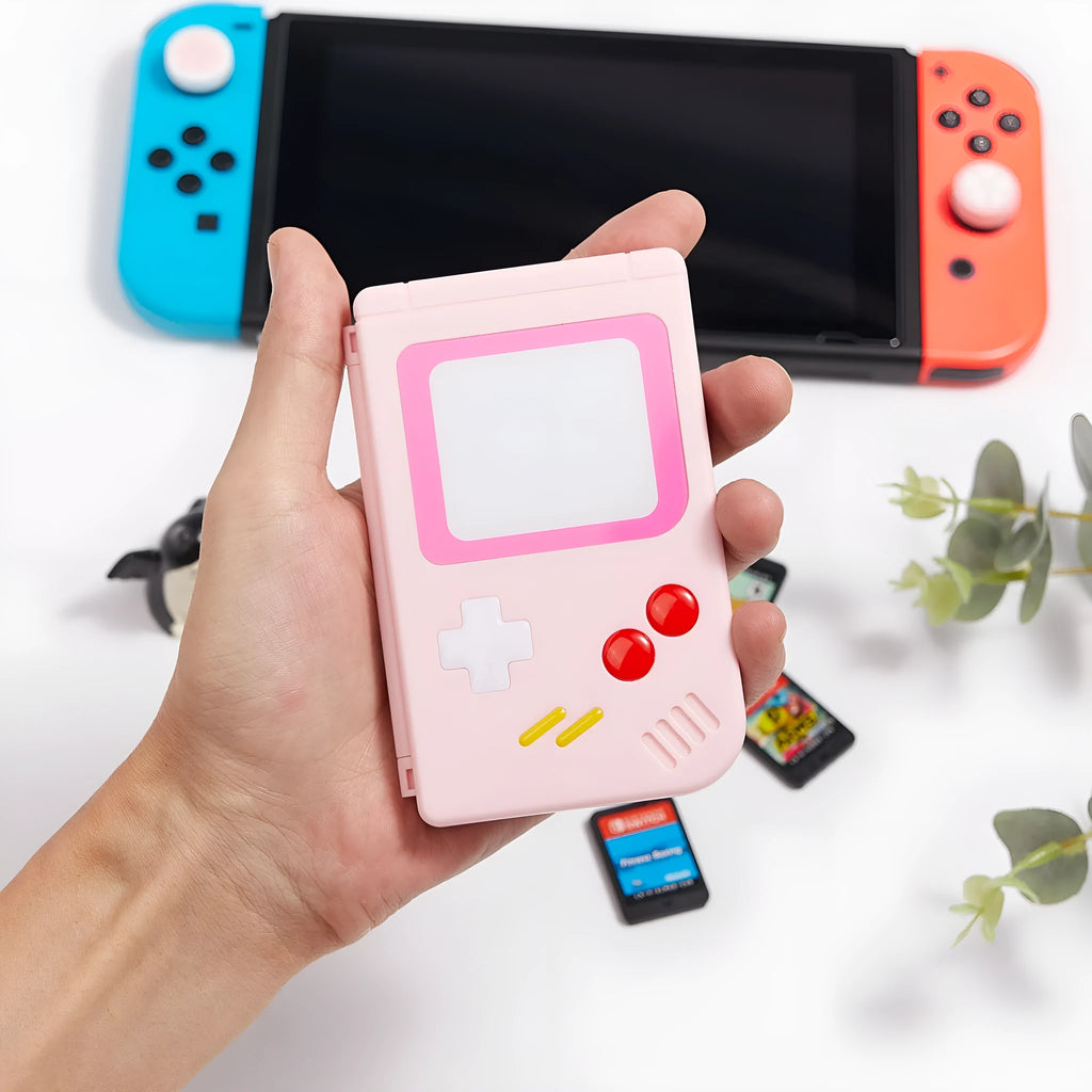 Switch game card storage box in blue holding Nintendo Switch game cartridges