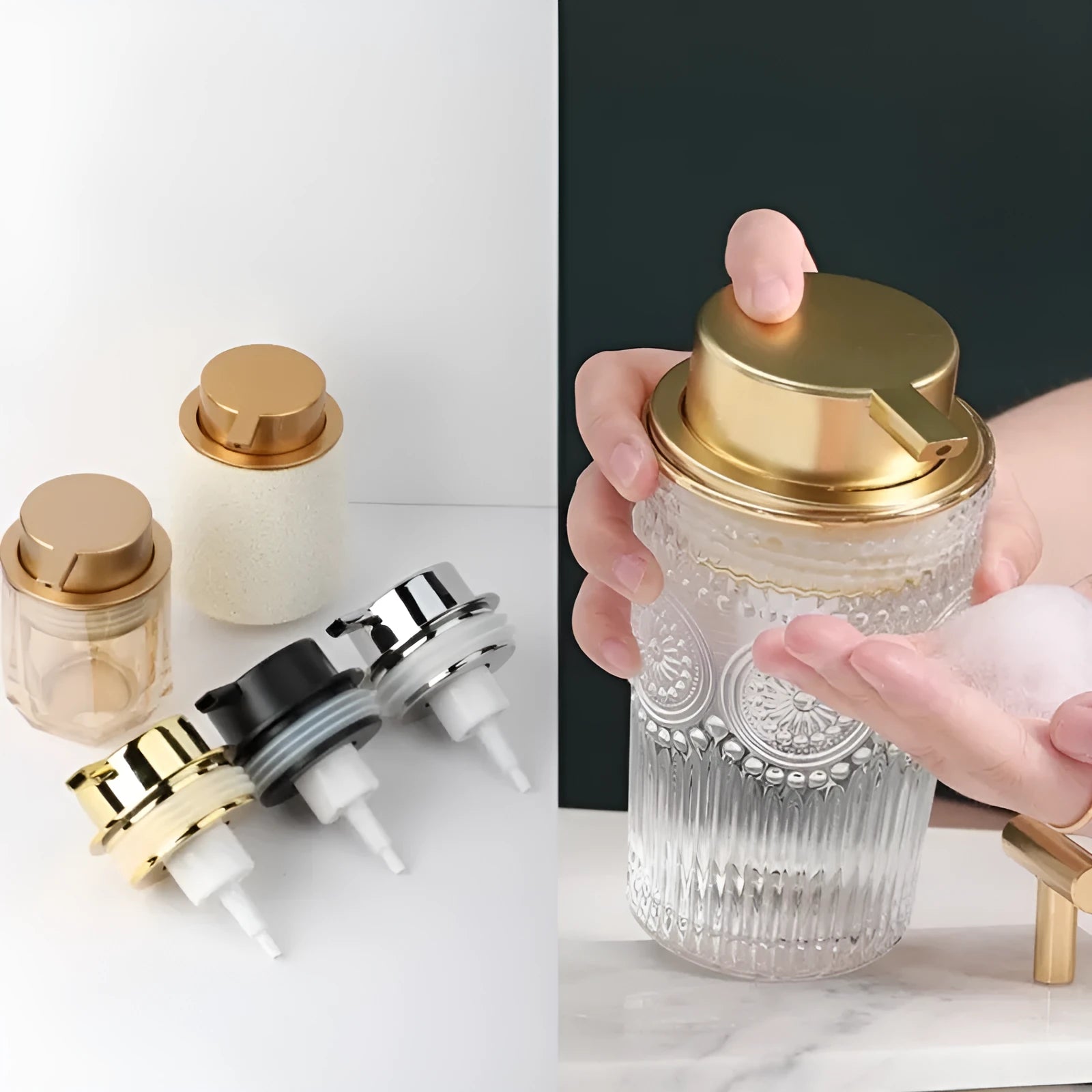 ABS plastic facial cleanser foam pump with hand-push mechanism in metallic finish
