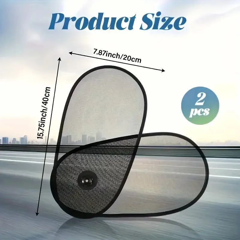 Black stretchy car window shade for baby with suction cups attached to a car side window