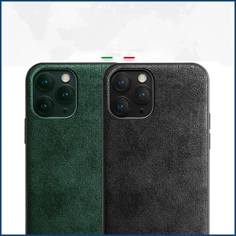 Suede full-cover phone case for iPhone on a dark background, shown in elegant black, dark night green, and dark blue colours.