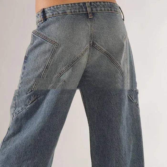 Loose straight wide leg cotton mop trousers in blue with low waist and splicing stitch detail