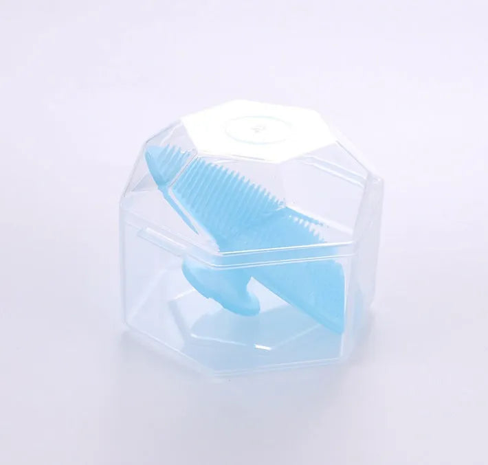 Silicone facial brush with three bristle types: tiny, middle, coarse; blue colour; 53mm size; for face cleansing and massage.