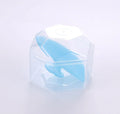 Silicone facial brush with three bristle types: tiny, middle, coarse; blue colour; 53mm size; for face cleansing and massage.