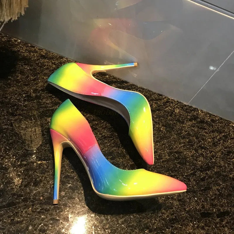Rainbow patent leather women's stiletto sandals with pointed toe and ultra-high thin heels
