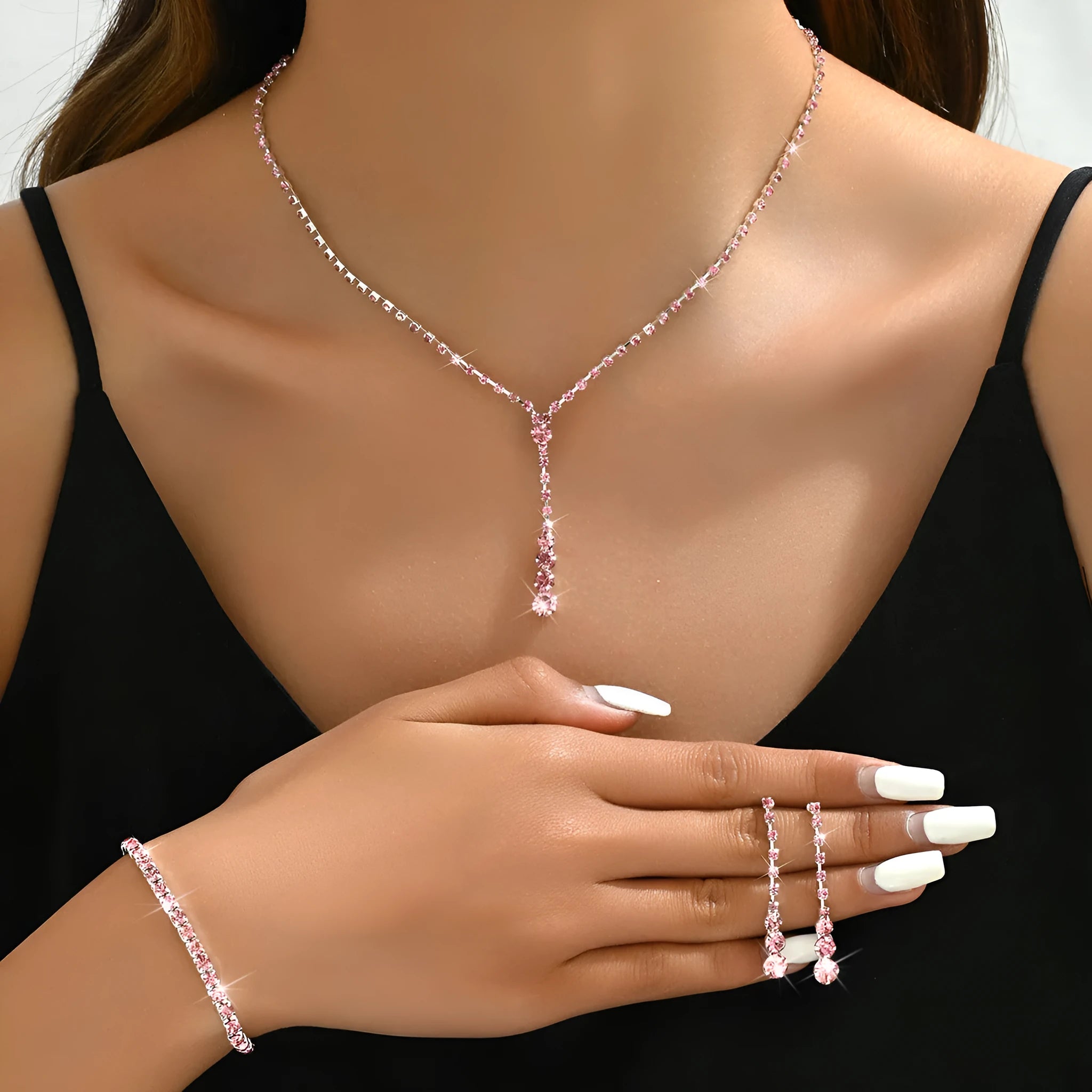 Rhinestone wedding jewellery three-piece set with necklace bracelet earrings in silver pink