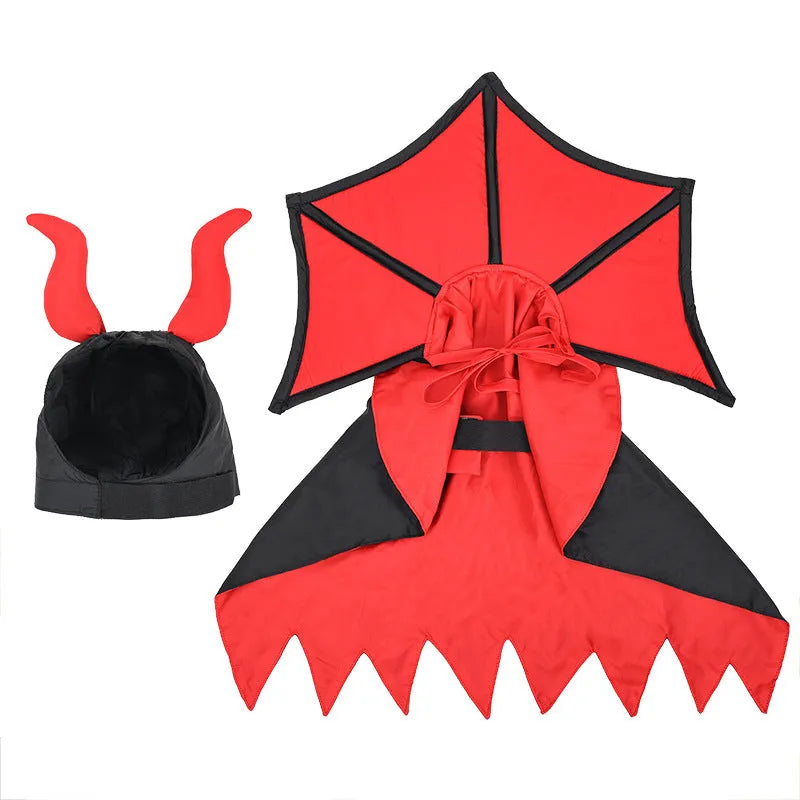 Black vampire cloak and hat costume set on a dog or cat for Halloween.