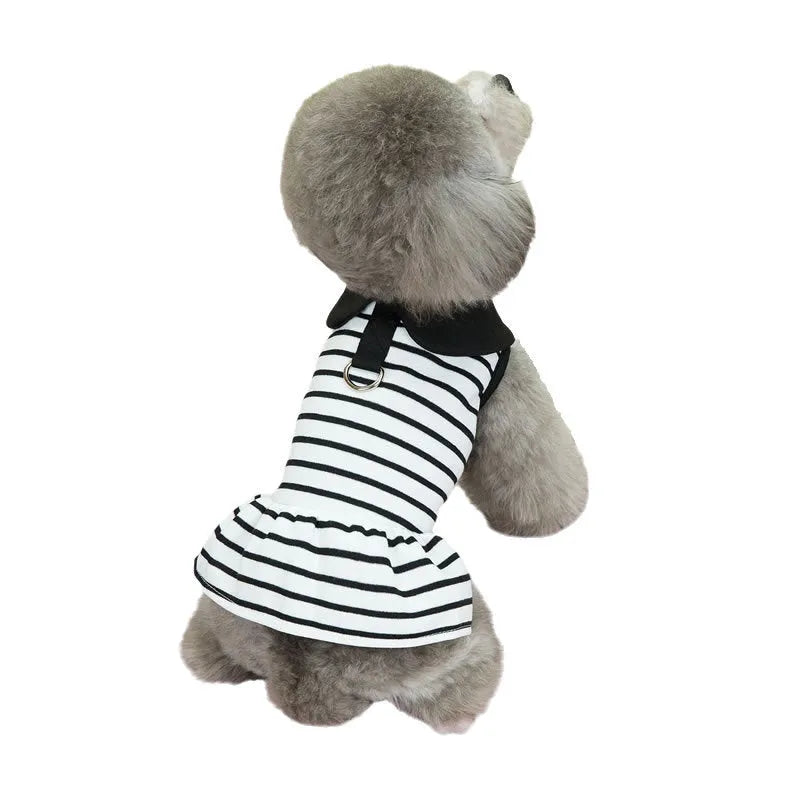 Pet dog wearing a striped cotton t-shirt with love print and a matching skirt.