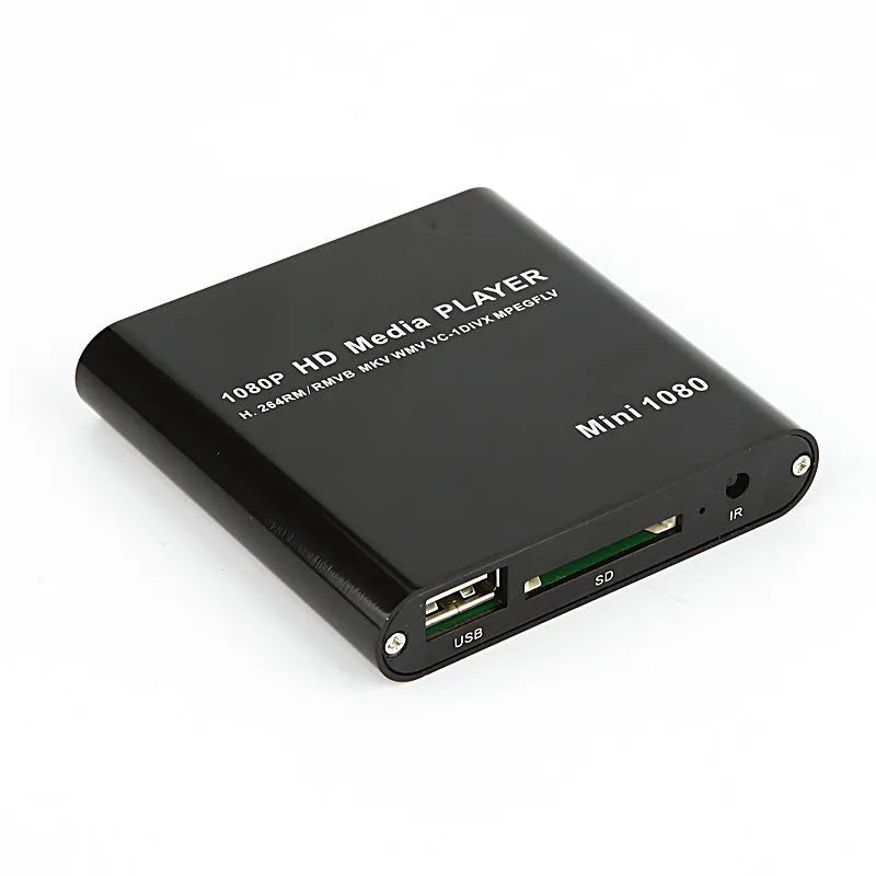 Compact blue or black all-metal 1080p Full HD media player with remote control