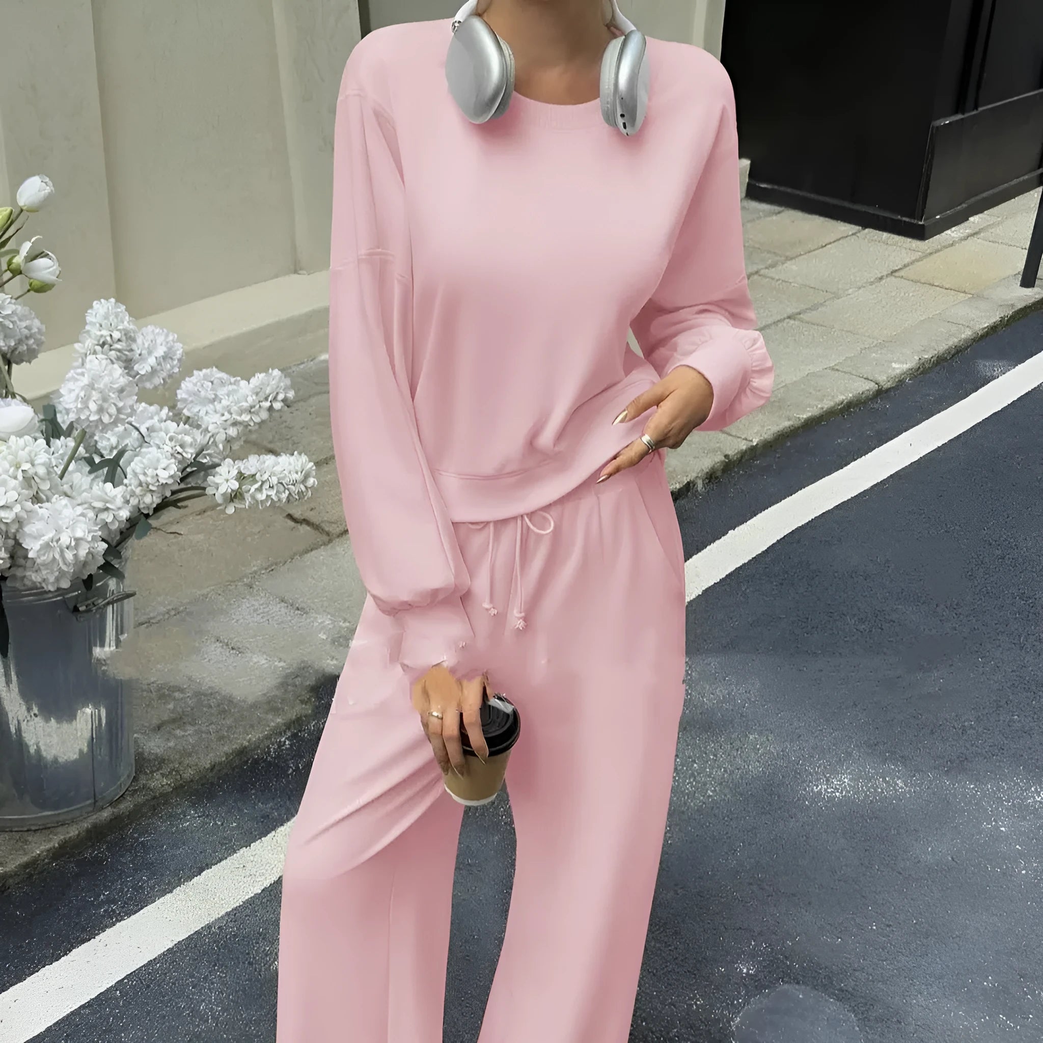 Women's solid colour casual two-piece set with long sleeves trousers in street hipster style