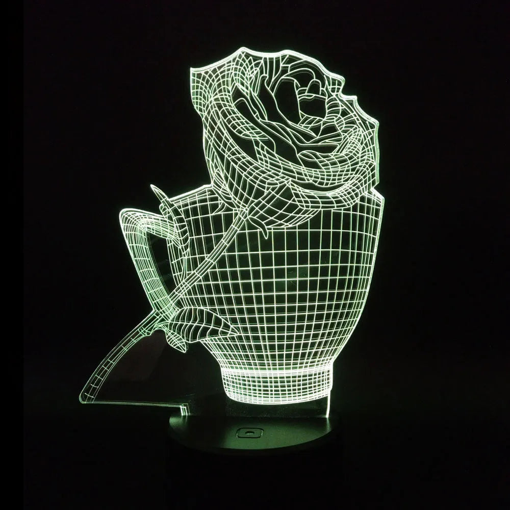 3D rose flower LED night light showing acrylic design on black ABS base, displaying blue colour.