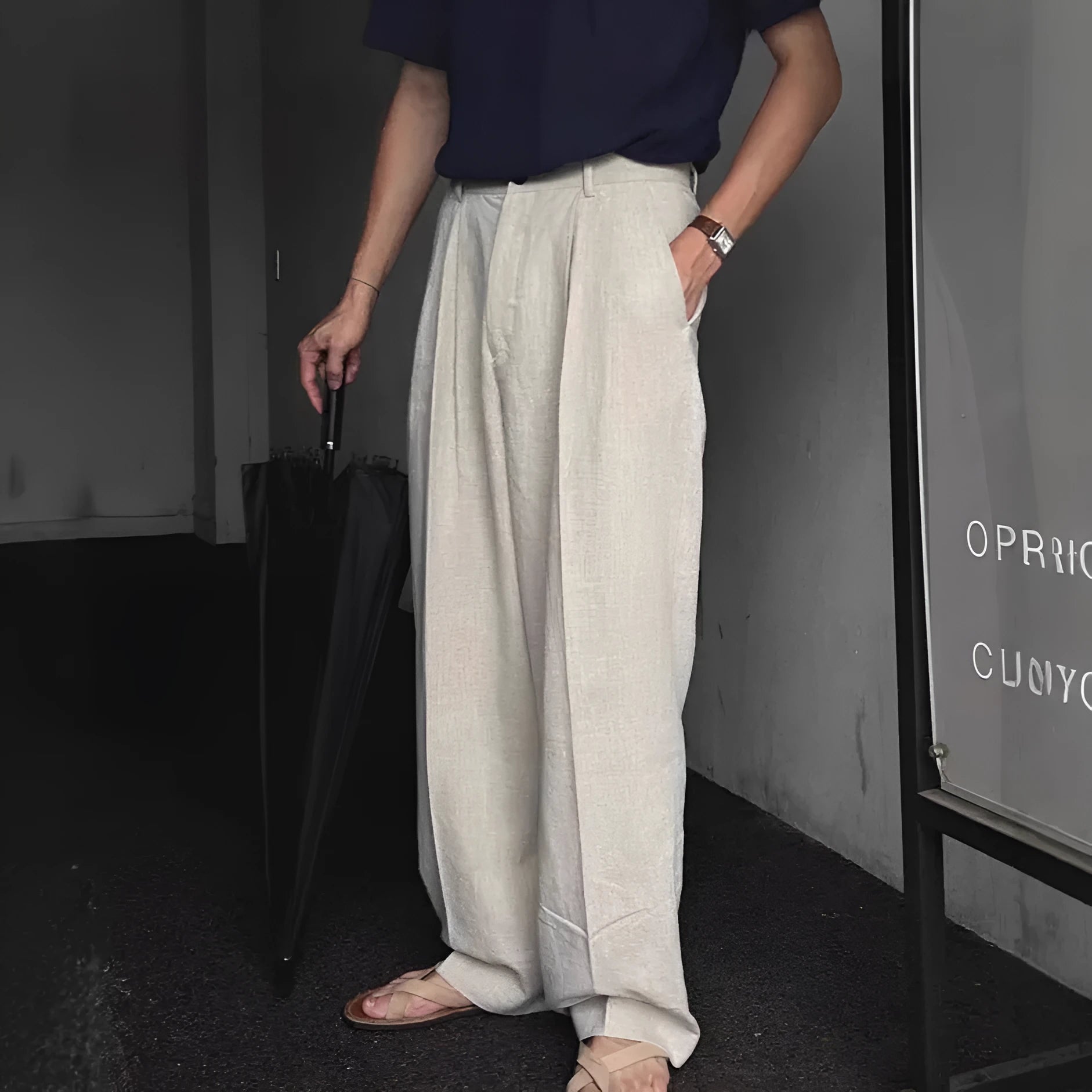 Men's Korean-style wide-leg cotton linen trousers in apricot colour with micro-elastic waist