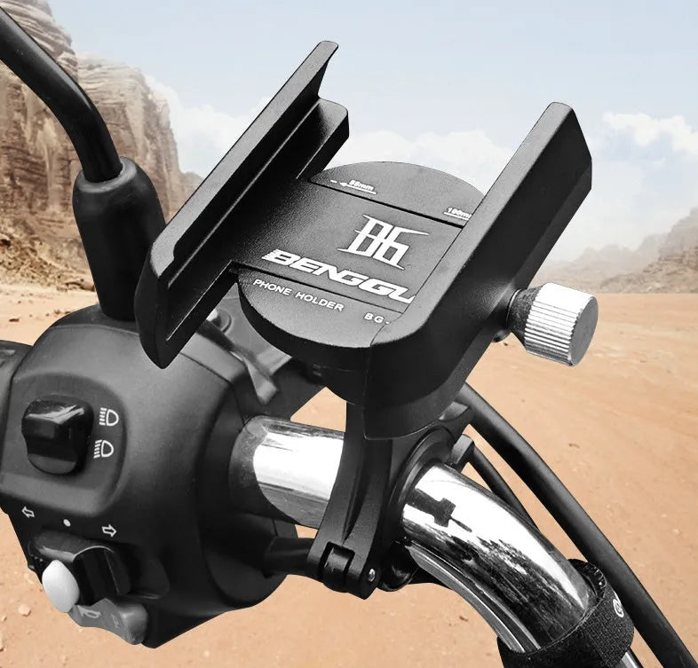 Bicycle phone holder made from CNC aluminium alloy in Black, with phone mounted on handlebar