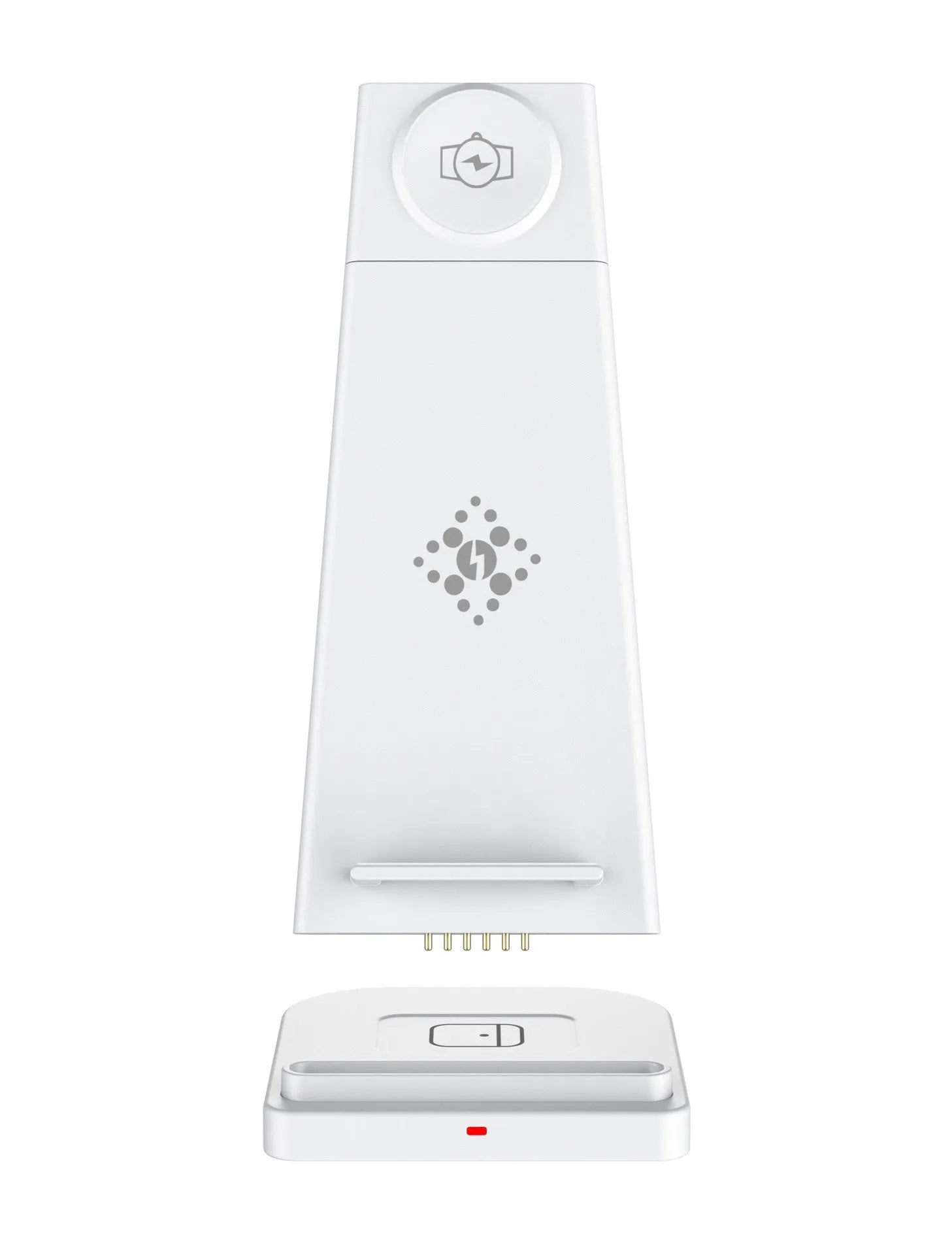 Three-in-one wireless charger for Samsung phone and watch in black with removable charging board and foldable watch stand on a table