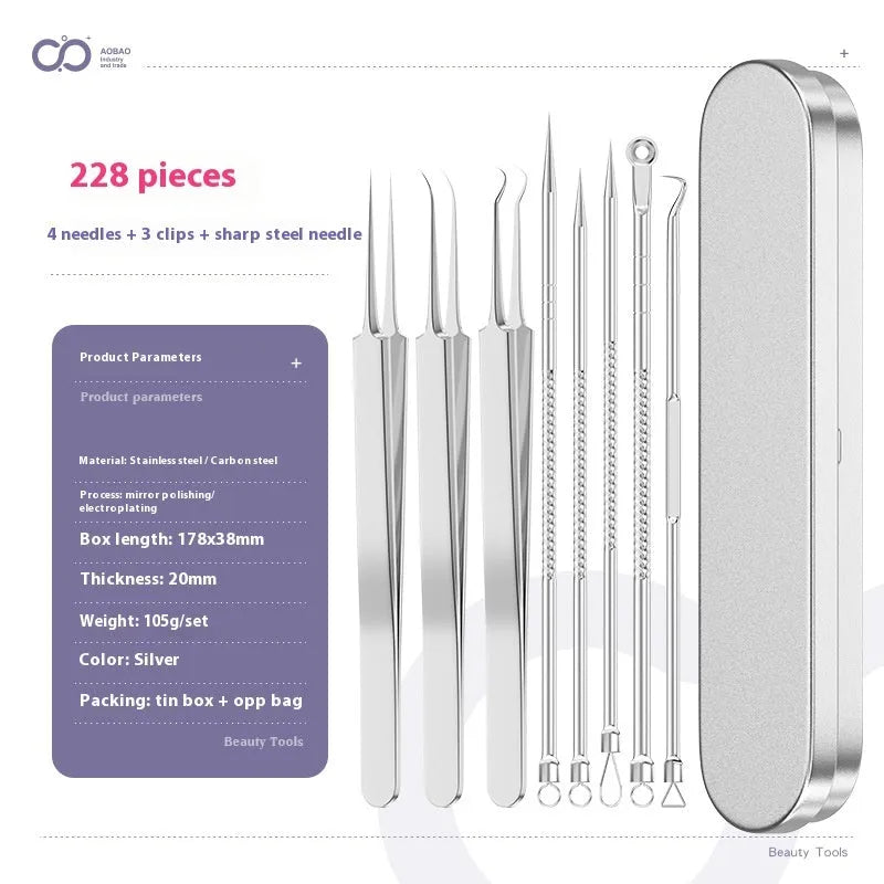Four silver metal acne needles with ultra-fine points for blackhead removal.