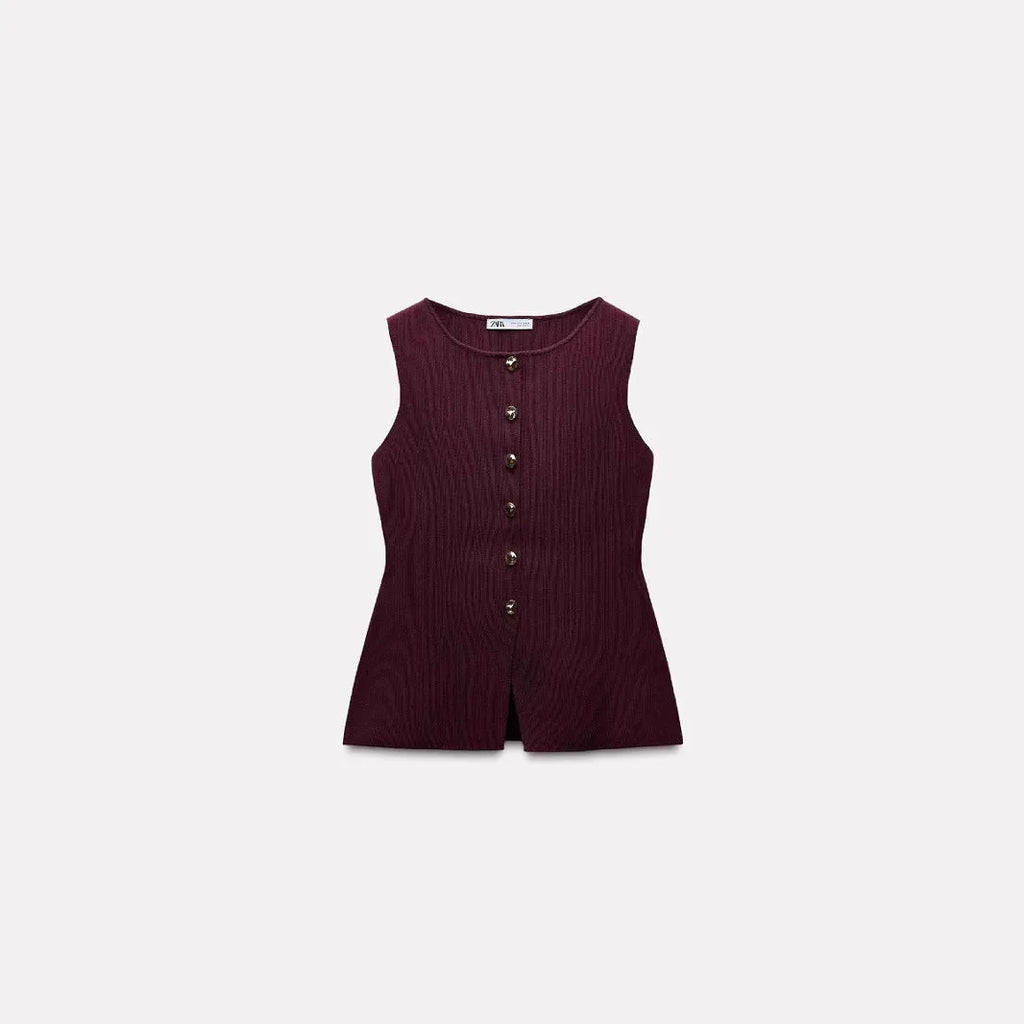 Slim fit dark red sleeveless viscose vest with a raised 3D pattern, shown on a hanger.