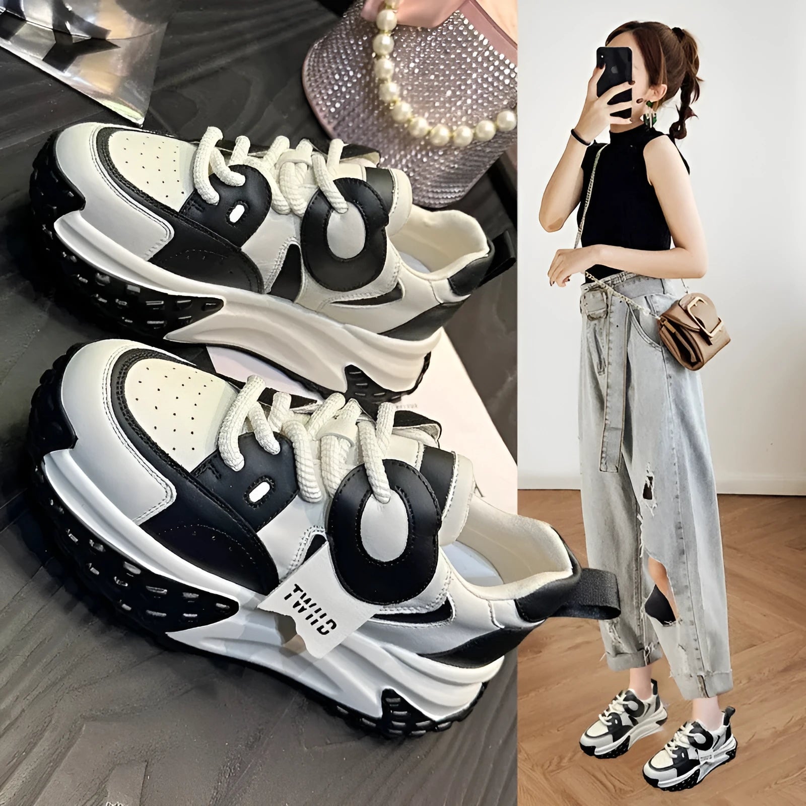 Leather sports casual shoes with thick sole and wedge heel, in black and white colour with front lace-up.
