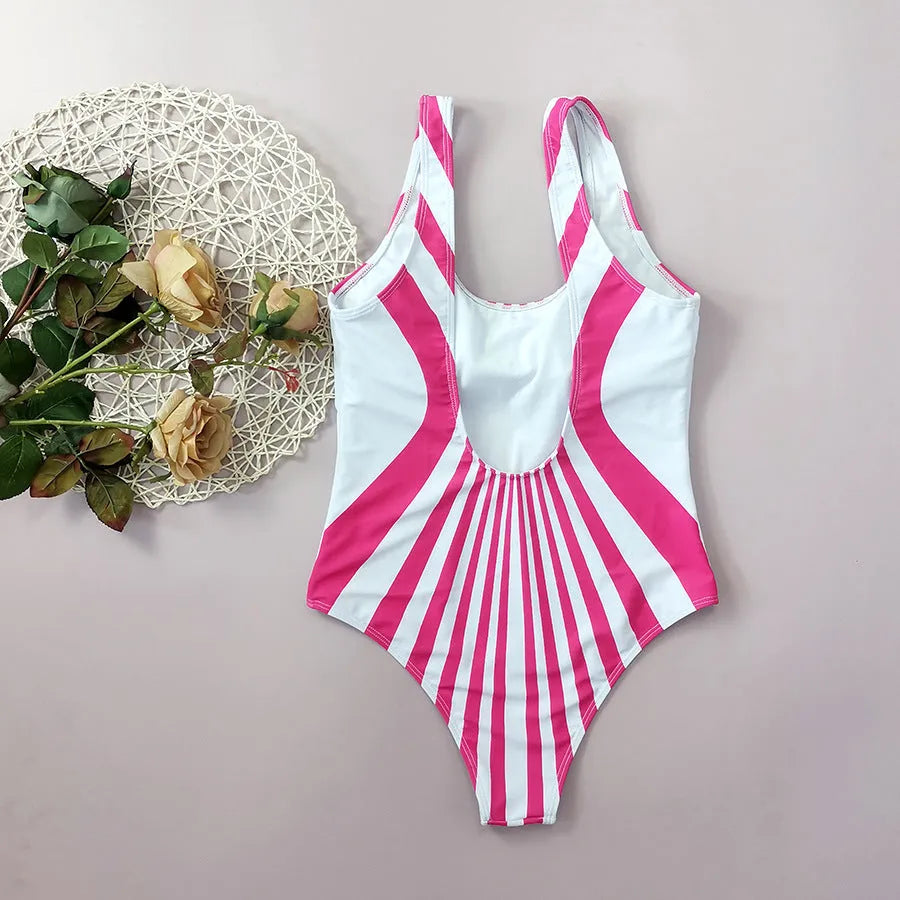 Women's pink striped one-piece swimsuit with digital printing on front and rear