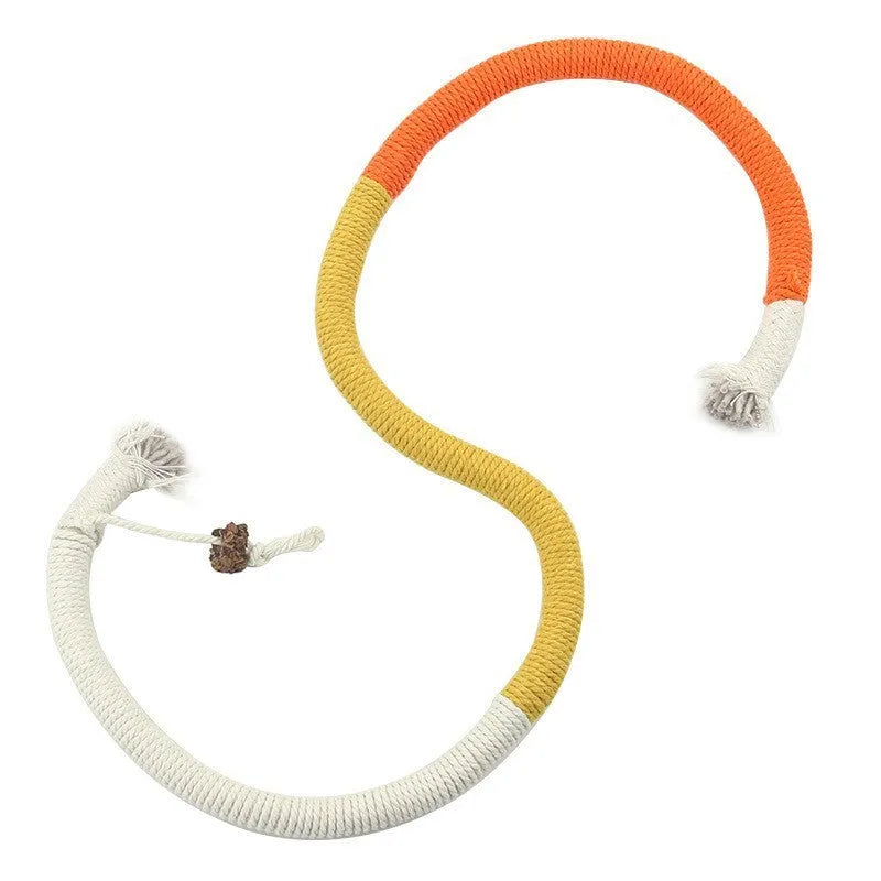 Cat bite rope toy made of cotton string, 70cm long, catnip-stuffed, available in purple, orange, or red with green colours