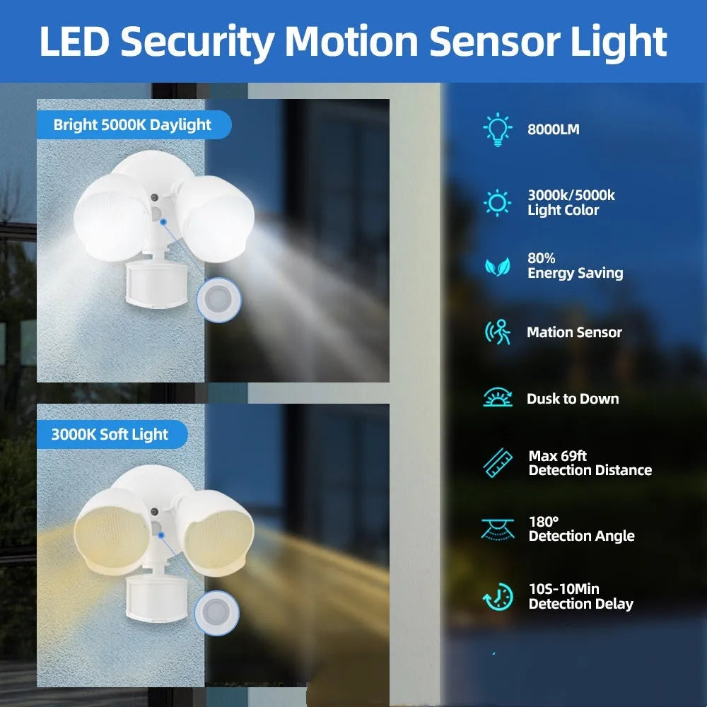 White LED security flood light with motion sensor for wall mounting outdoors