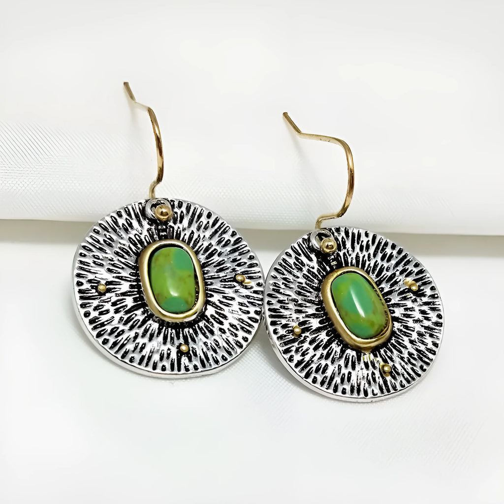 Retro creative turquoise colour separation earrings in antique silver alloy, electroplated finish, old money style