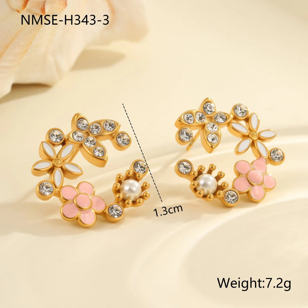 Gold plated flower stud earrings with colourful petal design on stainless steel