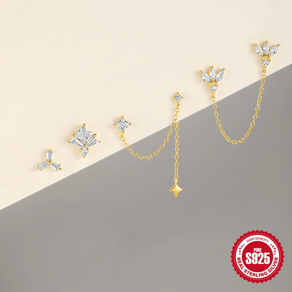Gold-plated geometric stud earrings with zircon stones on 925 silver posts.