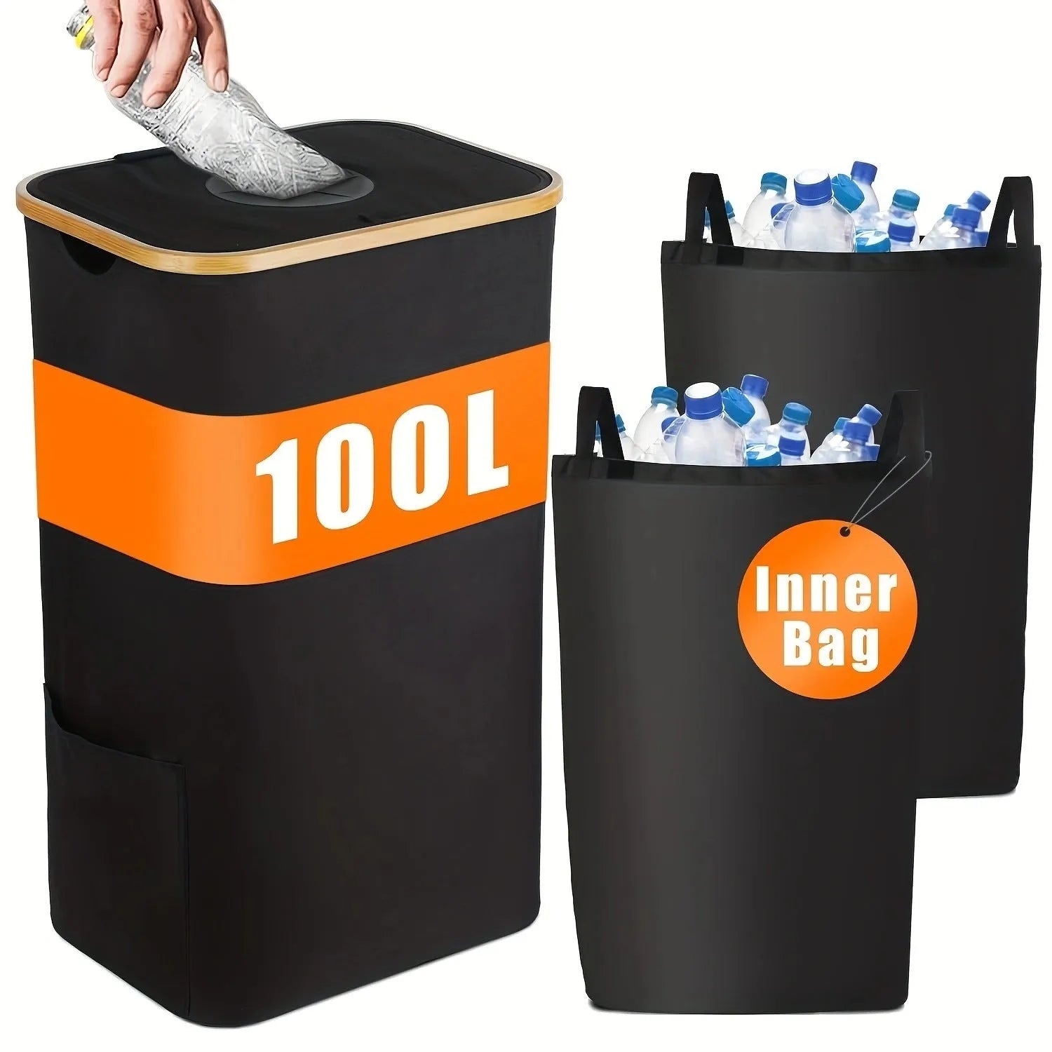 Black bamboo frame storage basket with removable lid and double inner pockets for bottle recycling organisation