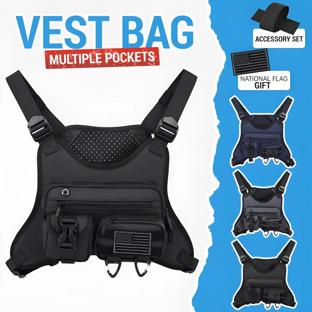 Oxford cloth chest bag designed as a riding vest in black, grey, and blue colour options