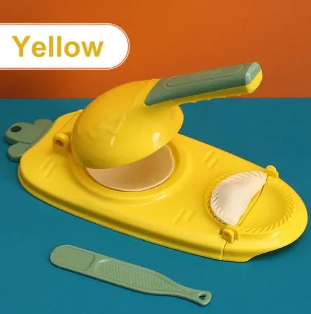 2-in-1 plastic dumpling dough press maker in orange and white, with ergonomic handle and hanging hole for storage
