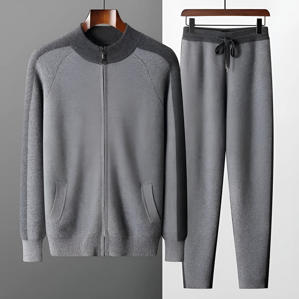 Men's navy blue cashmere blend knitted cardigan suit with half-turtleneck zipper top and trousers