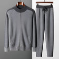 Men's navy blue cashmere blend knitted cardigan suit with half-turtleneck zipper top and trousers