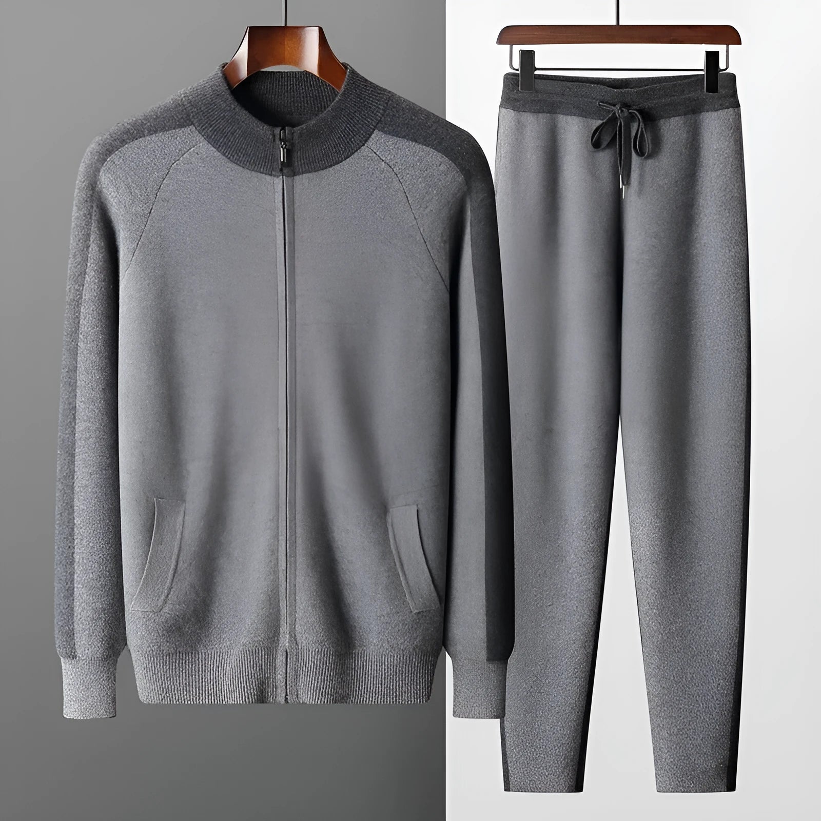 Men's navy blue cashmere blend knitted cardigan suit with half-turtleneck zipper top and trousers