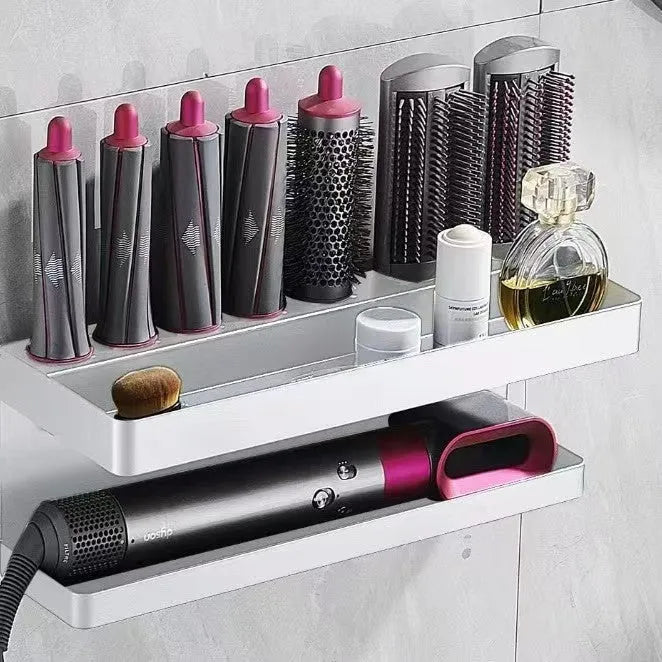 Black punch-free aluminium Marcel waver storage rack mounted on bathroom wall