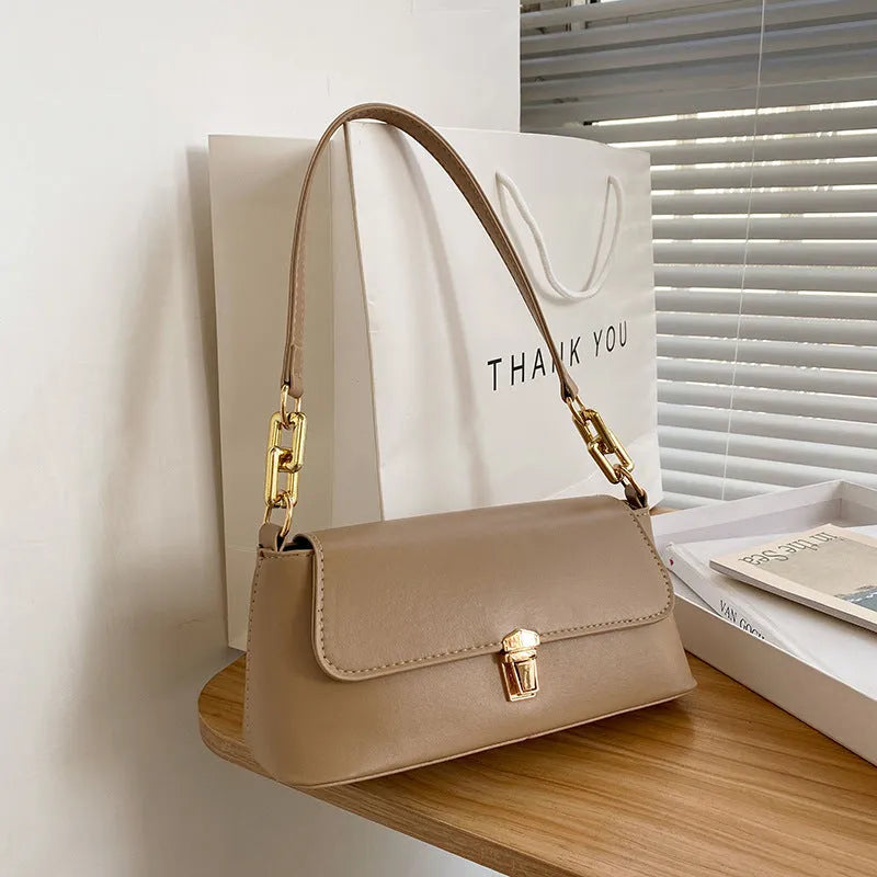 French casual western style PU underarm bag with shoulder chain, horizontal square shape, sandwich pocket, street-trend sewing thread detail