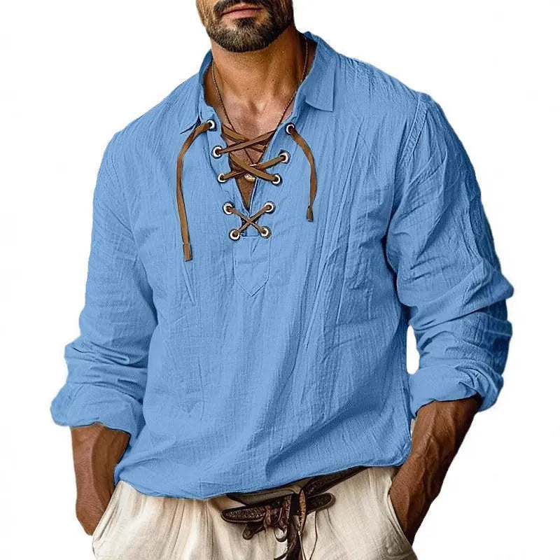 Men's loose fit long sleeve shirt with lace trim and lapels in a solid colour