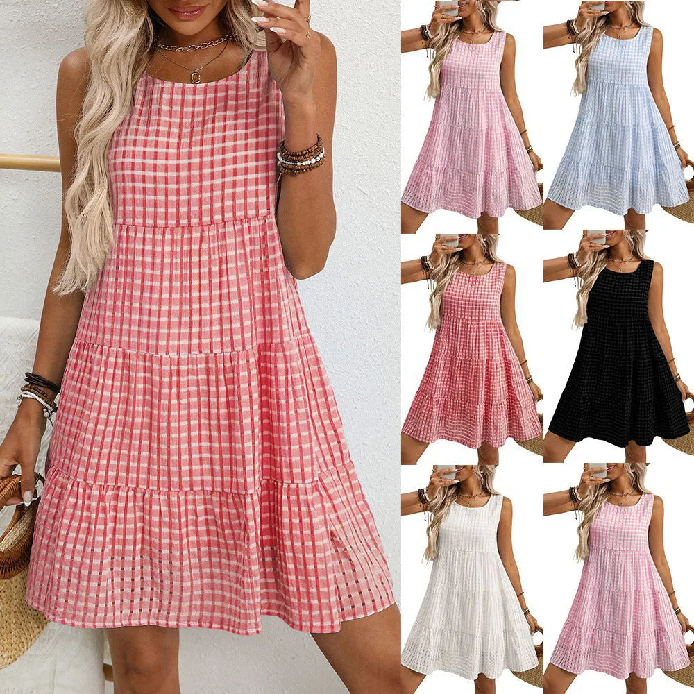 Women's sleeveless plaid dress with high waist and swing skirt in light blue