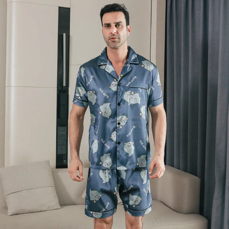 Ice silk short sleeve pajama set for men in cardigan style, beige, on a plain background