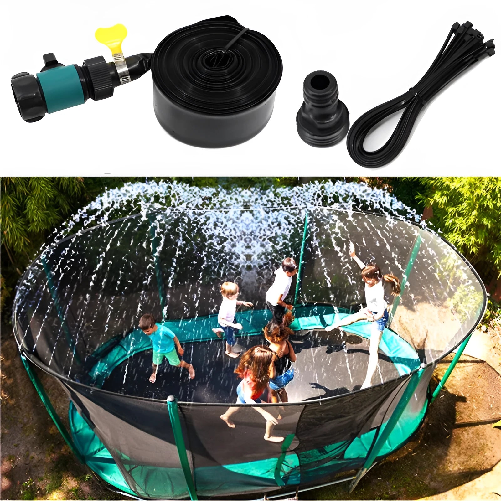 Blue and orange portable plastic garden sprinkler with solar water cooling panel and PVC switch.