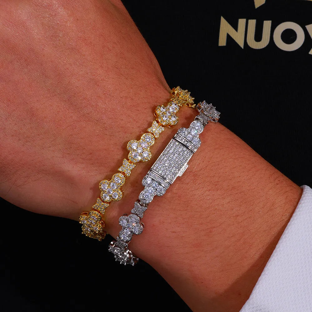 10mm cross XINGX hip hop copper bracelet with inlaid zircon, gold finish, on display
