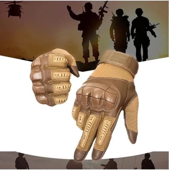 Off-road tactical gloves with black rubber knuckle guard and Velcro wrist strap on a white background