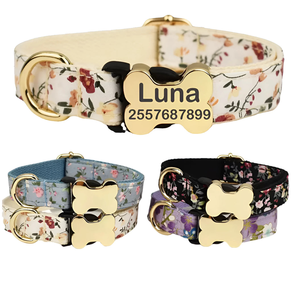 Flat nylon dog collar with grid print and a bone-shaped buckle in one of six available colours.